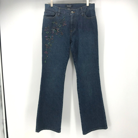 Karen Kane Jean Womens 8 Petite Dark Wash Floral Beaded Motif Mid Rise Bootcut - Picture 1 of 10